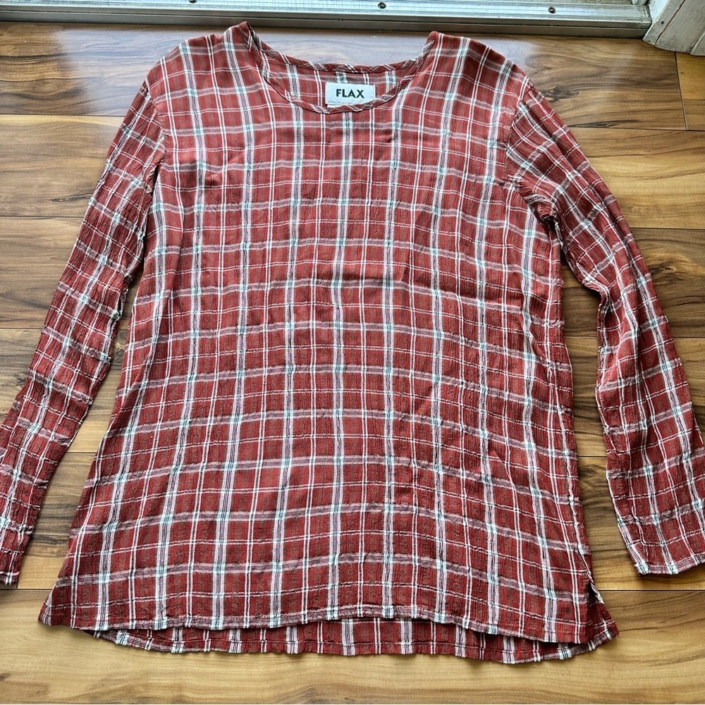 flax I believe life is fun plaid top M